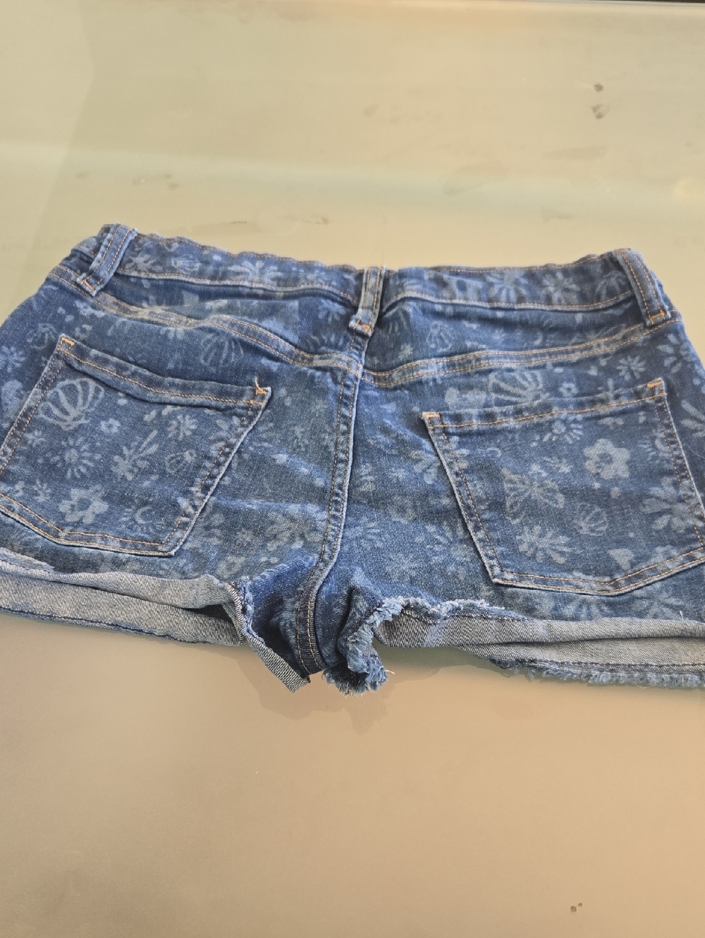 Women's Blue Floral Print Denim Shorts with Frayed Hem